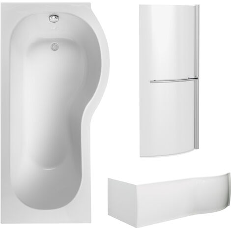 P Shape 1700x850 Right Hand Shower Bath Set – Squared Front Panel, Curved P Bath Screen with Towel Rail & Leg Set