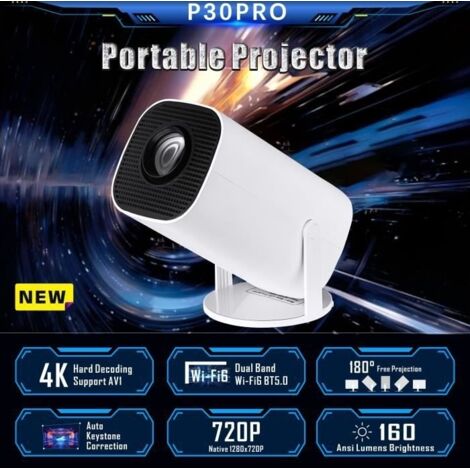 (p30) Mini Vidéoprojecteur Android 12 WiFi6 BT 5.0 Film Extérieur Rotatif à 180° Compatible avec Téléphone