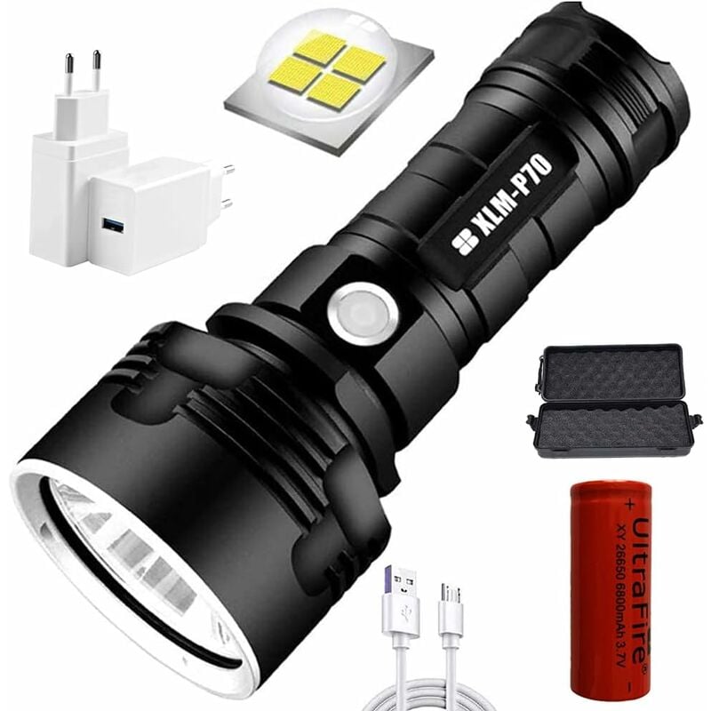 P70 lampe torche, 30000-100000 lumens haute puissance led lampe de poche étanche ultra lumineuse, Lampe de poche XLM-P70 50W la plus puissante à 3