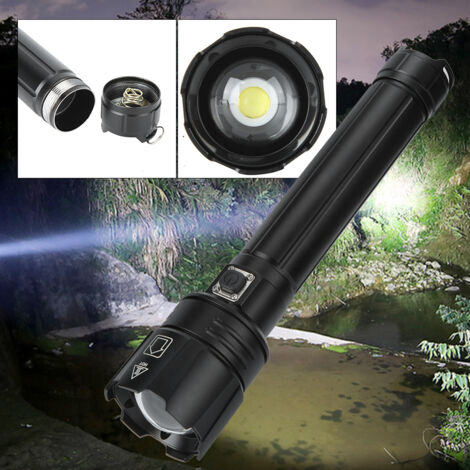 P90 Taktische Taschenlampe, superhell, Zoom, IPX4 wasserdicht, Akkuanzeige, USB-aufladbar, für Camping und Wandern – Schwarz