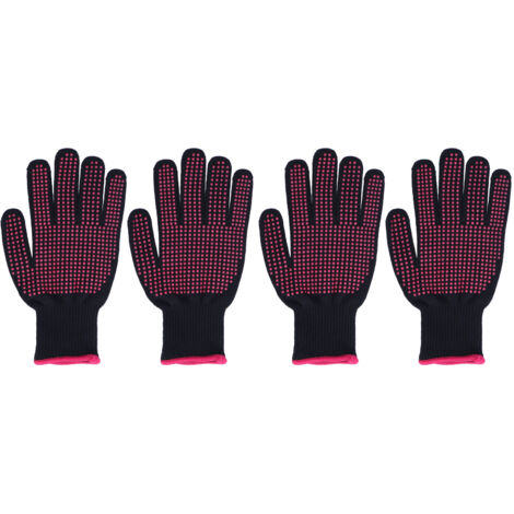 Paar hitzebeständige Handschuhe, Ofenhandschuhe mit Silikongriffen und Verbrennungsschutz – mit rotem und pinkfarbenem Rand