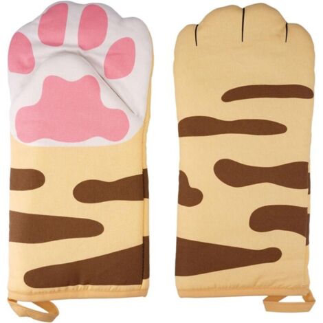 Paar hitzebeständige Ofenhandschuhe mit niedlichem Pfotenabdruck, 31 cm lange Küchenhandschuhe, Kaminhandschuhe, Ofenhandschuhe mit Baumwollfutter und Katzenmuster zum Kochen, Grillen und Backen