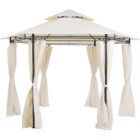 Pabellón de jardín con cortinas de poliéster beige marco de metal negro resistente al agua y UV Portel