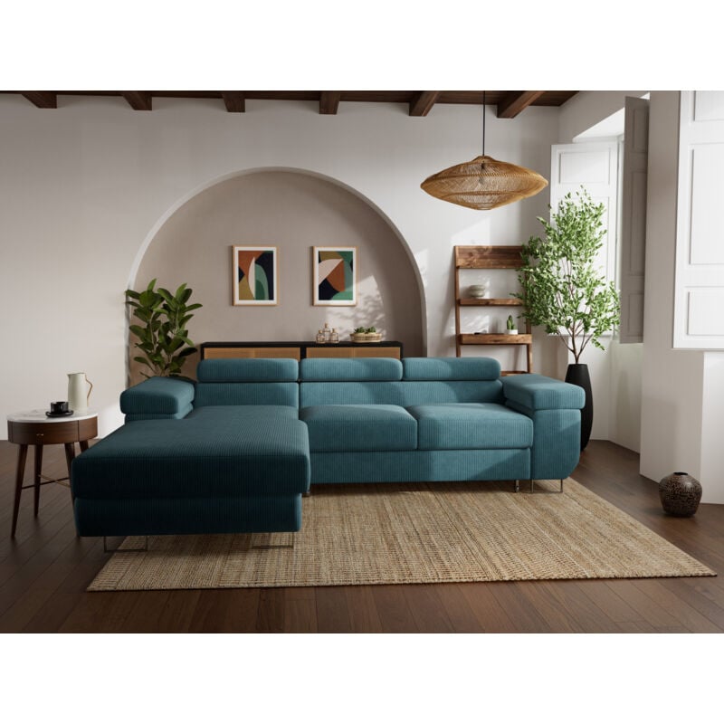Pablo - canapé d'angle gauche - 6 places - convertible avec coffre et têtières réglables - en velours côtelé - bleu