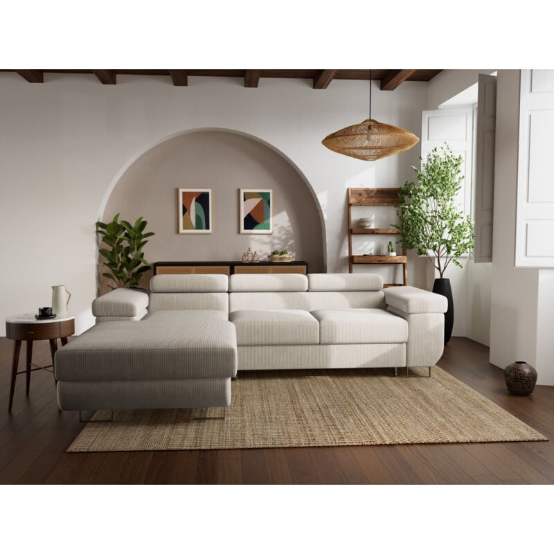 Pablo - canapé d'angle gauche - 6 places - convertible avec coffre et têtières réglables - en velours côtelé