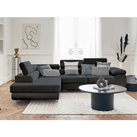 Pablo – ecksofa mit schlaffunktion – mit bettkasten – verstellbare kopfstützen – aus velours – 5-sitzer – links - dunkelgrau