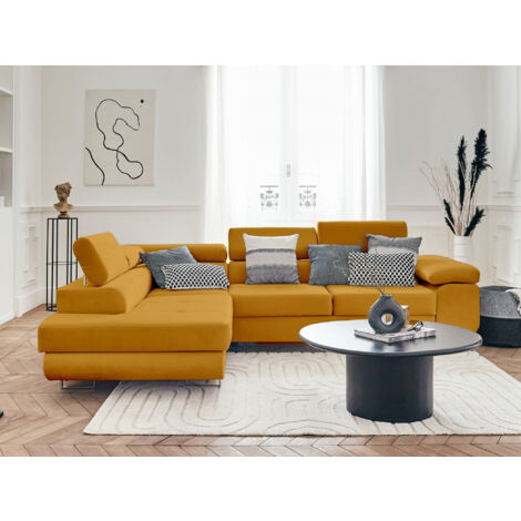 Pablo – ecksofa mit schlaffunktion – mit bettkasten – verstellbare kopfstützen – aus velours – 5-sitzer – links - gelb