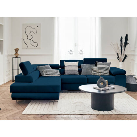 Pablo – ecksofa mit schlaffunktion – mit bettkasten – verstellbare kopfstützen – aus velours – 5-sitzer – links - nachtblau