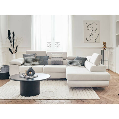 Pablo – ecksofa mit schlaffunktion – mit bettkasten – verstellbare kopfstützen – aus velours – 5-sitzer – rechts - beige