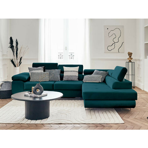 Pablo – ecksofa mit schlaffunktion – mit bettkasten – verstellbare kopfstützen – aus velours – 5-sitzer – rechts - entenblau