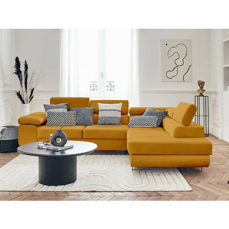 Pablo – ecksofa mit schlaffunktion – mit bettkasten – verstellbare kopfstützen – aus velours – 5-sitzer – rechts - gelb