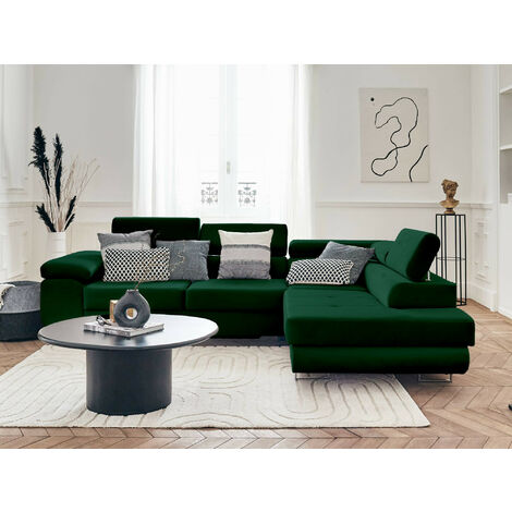 Pablo – ecksofa mit schlaffunktion – mit bettkasten – verstellbare kopfstützen – aus velours – 5-sitzer – rechts - grün