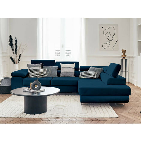 Pablo – ecksofa mit schlaffunktion – mit bettkasten – verstellbare kopfstützen – aus velours – 5-sitzer – rechts - nachtblau