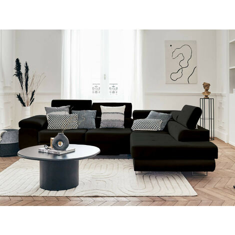 Pablo – ecksofa mit schlaffunktion – mit bettkasten – verstellbare kopfstützen – aus velours – 5-sitzer – rechts - schwarz