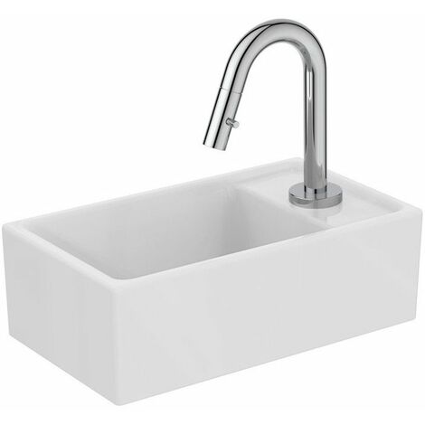 Pacchetto lavabo EUROVIT + / IDEALSTREAM mensola a destra, bianco e cromato con rubinetto a colonna IDEAL STANDARD