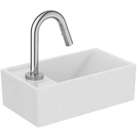 Pacchetto lavabo EUROVIT +, mensola IDEALSTREAM sinistra bianca e cromo con rubinetto a colonna IDEAL STANDARD