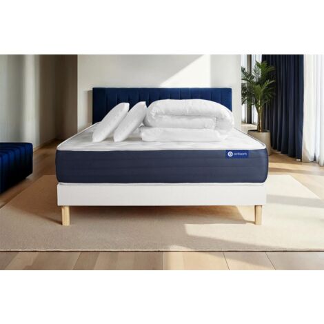 Pacchetto letto completo - Materasso 140x190cm + Box spring con doghe (in kit) + 2 cuscini + Piumino - Actiflex Sleep