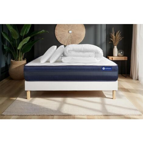 Pacchetto letto completo - Materasso 140x190cm + Box spring con doghe (kit) + 2 cuscini + Piumino - Actiflex Tech