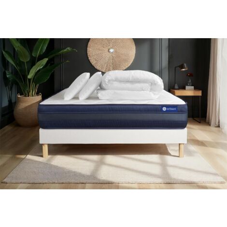 Pacchetto letto completo - Materasso 140x190cm + Box spring con doghe (kit) + 2 cuscini + Piumino - Actimemo Tech