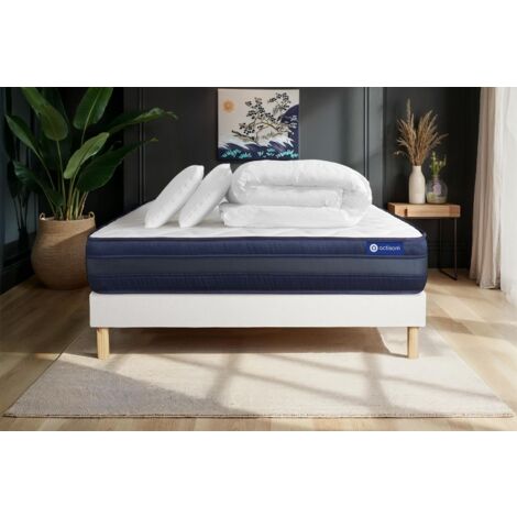Pacchetto letto completo - Materasso 160x200cm + Box spring con doghe (kit) + 2 cuscini + Piumino - Actilatex Tech