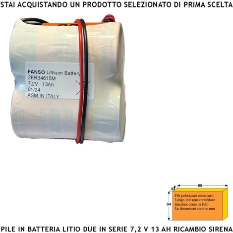 Pacco 2 Pile litio ER34615M 7,2 V 13 Ah Batterie Non Ricaricabili Ricambio Compatibile Sirena Radio Connettore Polarizzato Sostituibile Dimensioni H62XL69Ø34 mm Pronta all'Uso Direttiva ISO 9001
