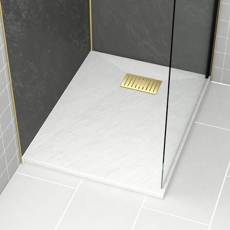 AURLANE Pacco Piatto Doccia Bianco Effetto Pietra 70x90 cm e Griglia motivo Lineare Oro Spazzolato - ROCK 2