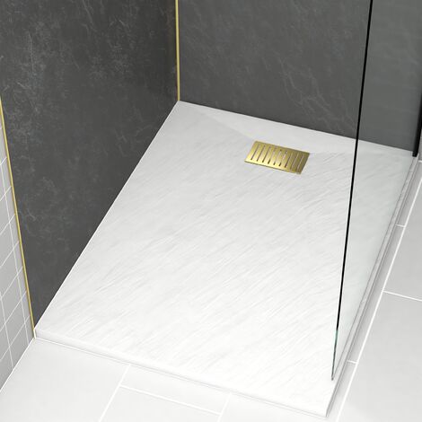 Pacco Piatto Doccia Bianco Effetto Pietra 90x120 cm e Griglia motivo Lineare Oro Spazzolato