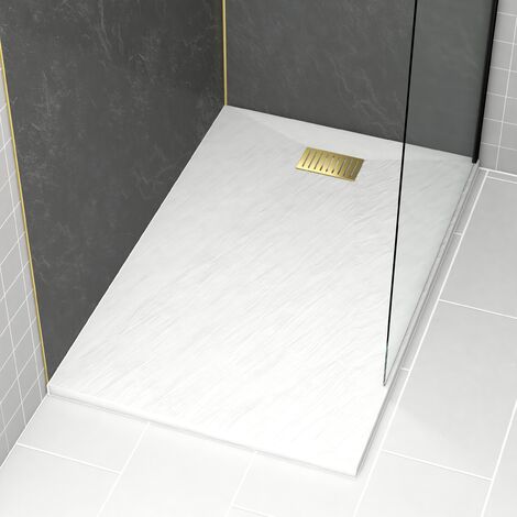 Pacco Piatto Doccia Bianco Effetto Pietra 90x140 cm e Griglia motivo Lineare Oro Spazzolato