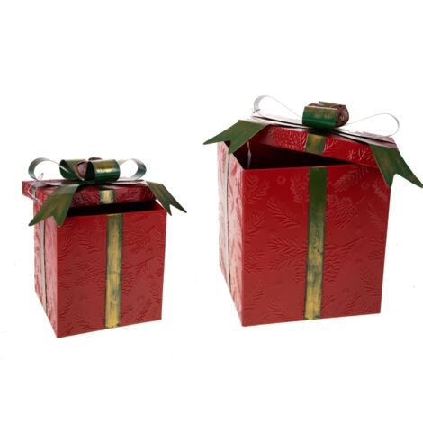 Pacco regalo rosso con fiocco verde H.22 cm per decorazioni natalizie,Set.2