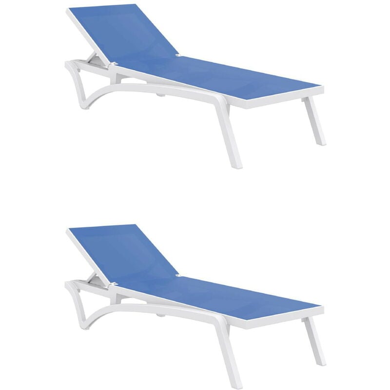 Garbar - pacific Chaise Longue Extérieur Set 2 Structure Blanche - Textilène Bleu - Structure Blanche - Textilène Bleu