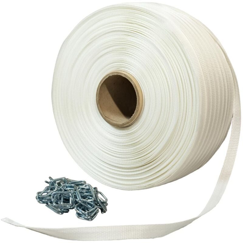 TECPLAST Pack 1 Feuillard de cerclage tressé PFT1 19 mm x 500 m + 250 Boucles - Feuillard textile Haute Résistance 750kg