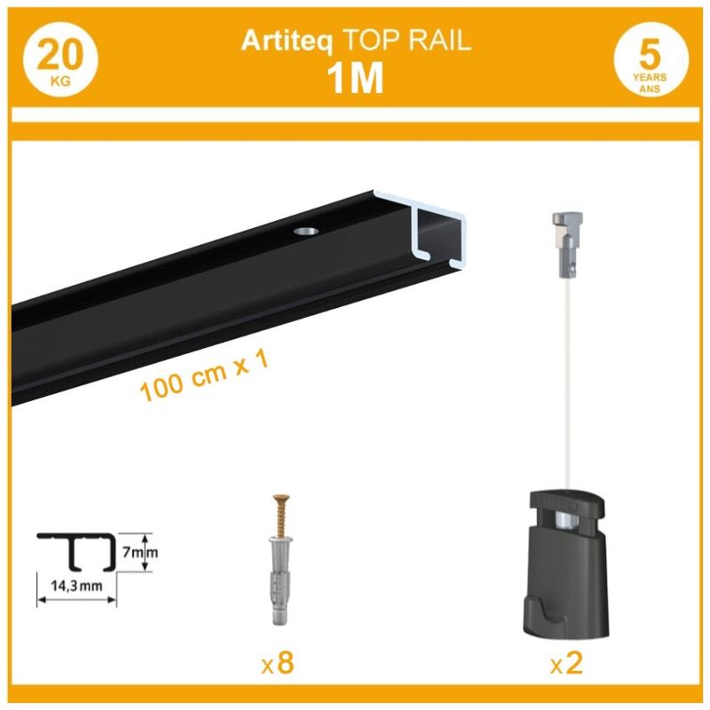 Pack 1 mètre cimaise Top Rail couleur Noir - Cimaise rail plafond pour suspension cadres et tableaux