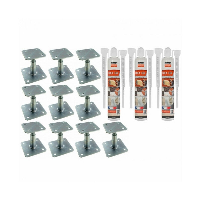 Pack 10 Pieds de poteau réglable APB100/150 + 3 Scellements chimiques beige multi-matériaux poly-gp 300ml simpson