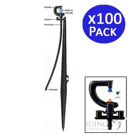 Pack 100 Sistema de aspersión por micro goteo, Microaspersor 360º 12 chorros con estaca 40 cm, alcance 2,5-3 m