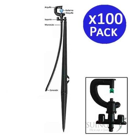 Pack 100 Sistema de aspersión por micro goteo, Microaspersor 90º con estaca 40 cm, alcance 1,7-2 m