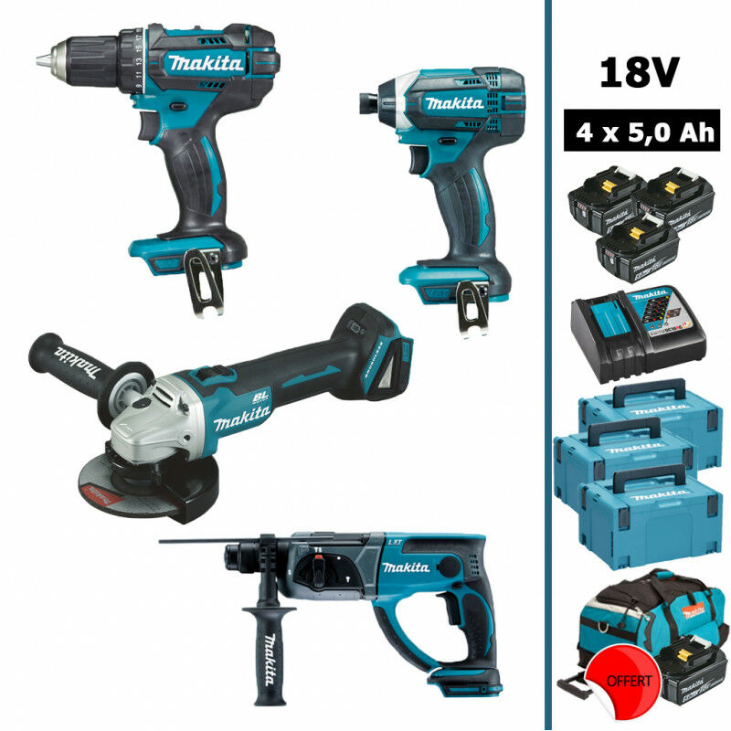 Makita - Pack 18V : DDF482 + DGA504 + DHR202 + DTD152 avec 3+1 batteries 5Ah + 3 Makpac + Sac (offert)