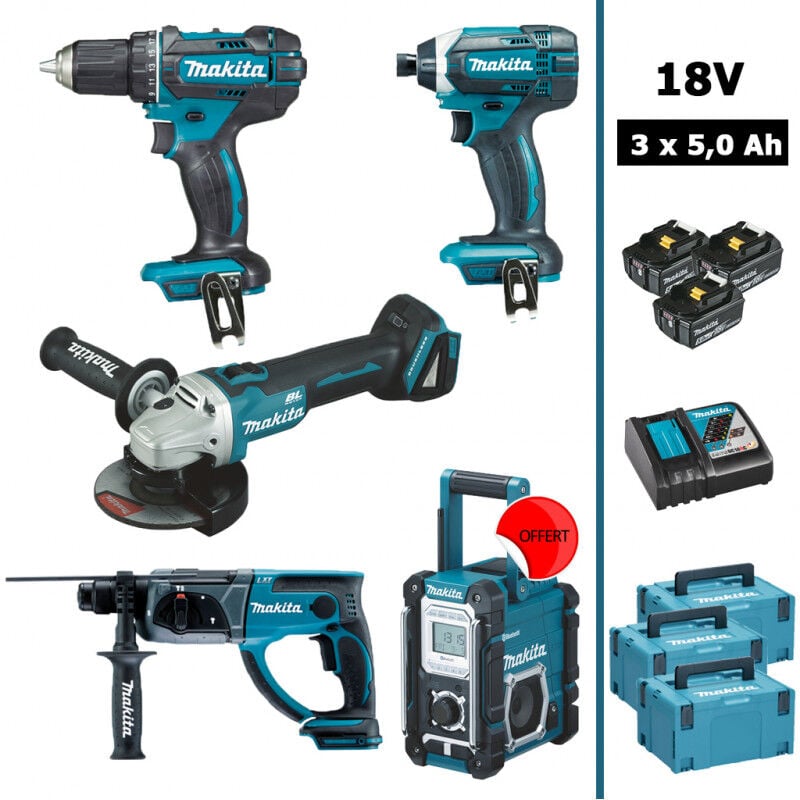 Makita - Pack 18V : DDF482 + DTD152 + DGA504 + DHR202 + DMR108 (offerte) avec 3 batteries 5Ah + 3 Makpac