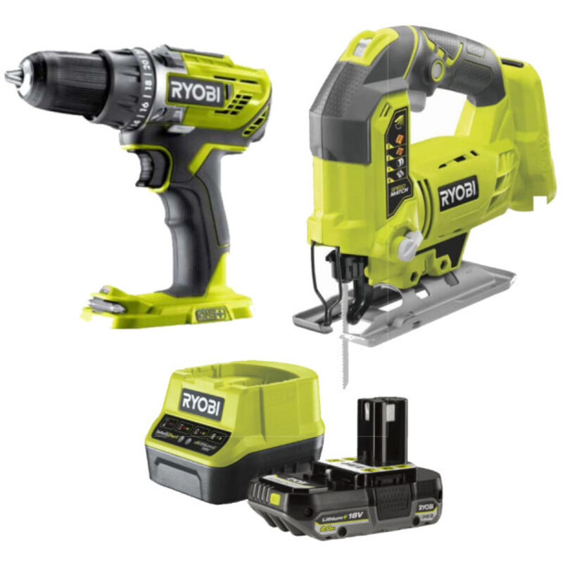Pack 18V RYOBI Perceuse visseuse R18DD3 0 Scie sauteuse R18JS 0 Batterie 2.0Ah et chargeur
