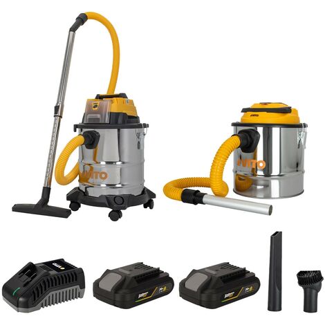 Pack 2 Aspirateurs 20V Eau Poussières Cendres + 2 Batterie lithium 2.0Ah + Chargeur Cuves INOX 20L et 12L VITO