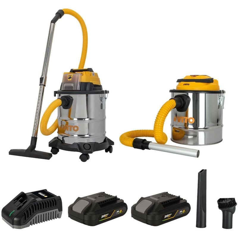 Pack 2 Aspirateurs à batterie 20V Eau Poussières Cendres + 2 Batterie lithium 2.0Ah + Chargeur Cuves inox 20L et 12L Vito
