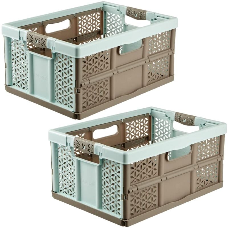 Keeeper - Pack 2 boîtes pliantes robustes Lea avec poignées 32L en bleau et marron