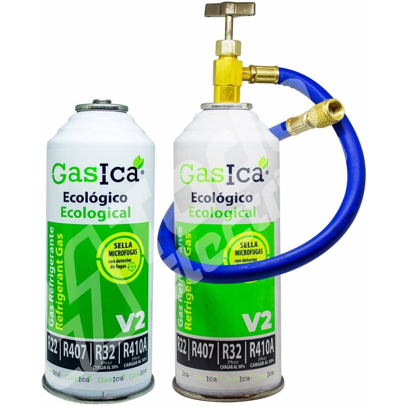 

Pack 2 Botellas Gas refrigerante orgánico V2 Sustituto R22/R407 R410A con Manguera recarga aire acondicionado 1/2 - 1/4 - Gasica
