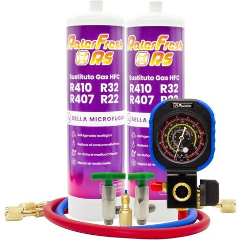 Pack 2 botellas gas refrigerante RALERFRESH RS con manómetro, mangueras, llave y adaptador