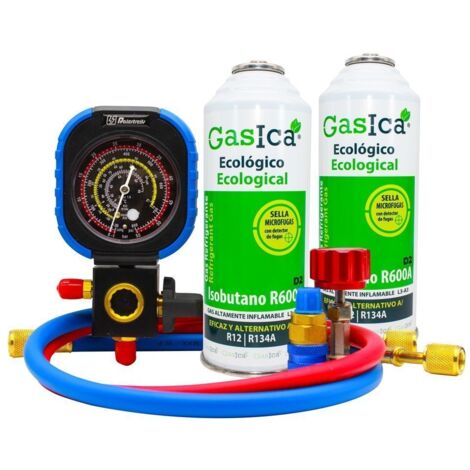 PACK 2 botellas Gasica D2 Gas refrigerante sustituto R12 y R134A manometro mas llave y conector rapido