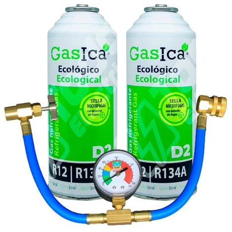 PACK 2 botellas Gasica D2 Gas refrigerante sustituto R12 y R134A y manguera con manómetro para recarga aire acondicionado