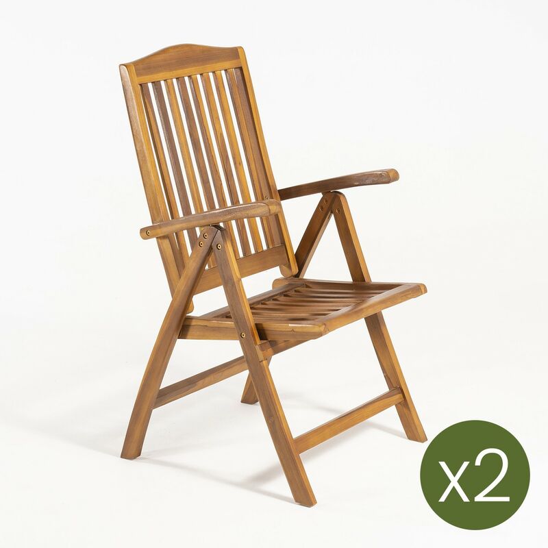 Pack 2 fauteuils d'extérieur inclinables et pliants | Bois de teck de catégorie A | Taille : 62x70x107 cm | Traitement de l'eau
