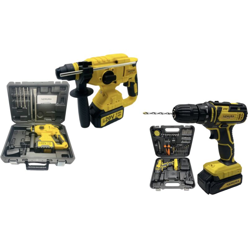 Nemura - Pack 2 outils 20V - Perceuse Visseuse et Marteau Perforateur + 3 batteries + 2 mallettes de rangement + 2 Chargeurs