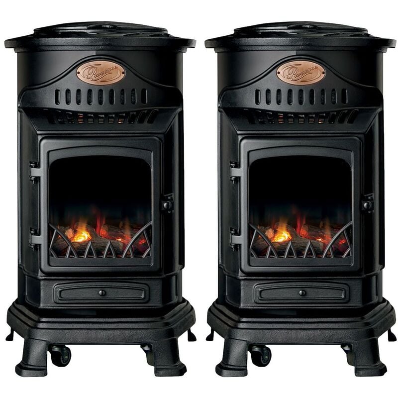 Poêle à gaz fonte 3400W Pack de 2 Noir Effet feu Chauffage d'appoint gaz sur roues Autonomie 60h INTEC