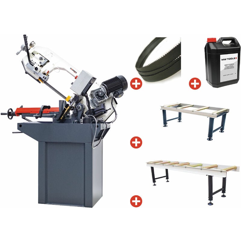 Torros - Scie à ruban pour métaux 0-60° capacité 225 mm 1,5 kW 400V 2 vit. avec 2 convoyeurs 1M et 2M 5 lames de scie et 5L d'huile de