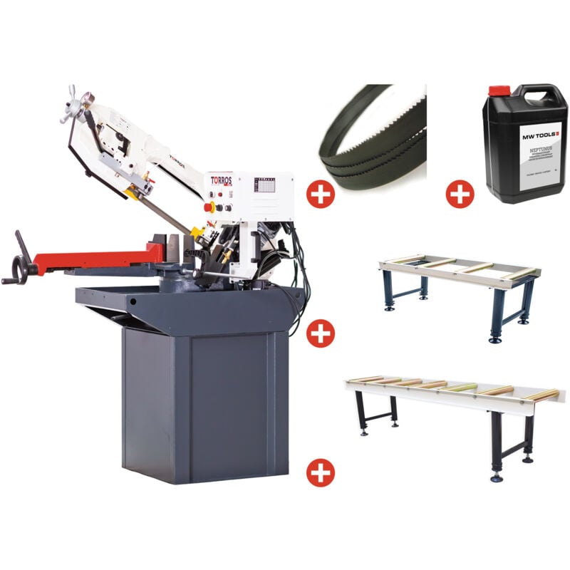 Torros - Scie à ruban pour métaux 0-60° capacité 225 mm 1,11 kW 230V avec 2 convoyeurs 1M et 2M 5 lames de scie et 5L d'huile de refroidissement